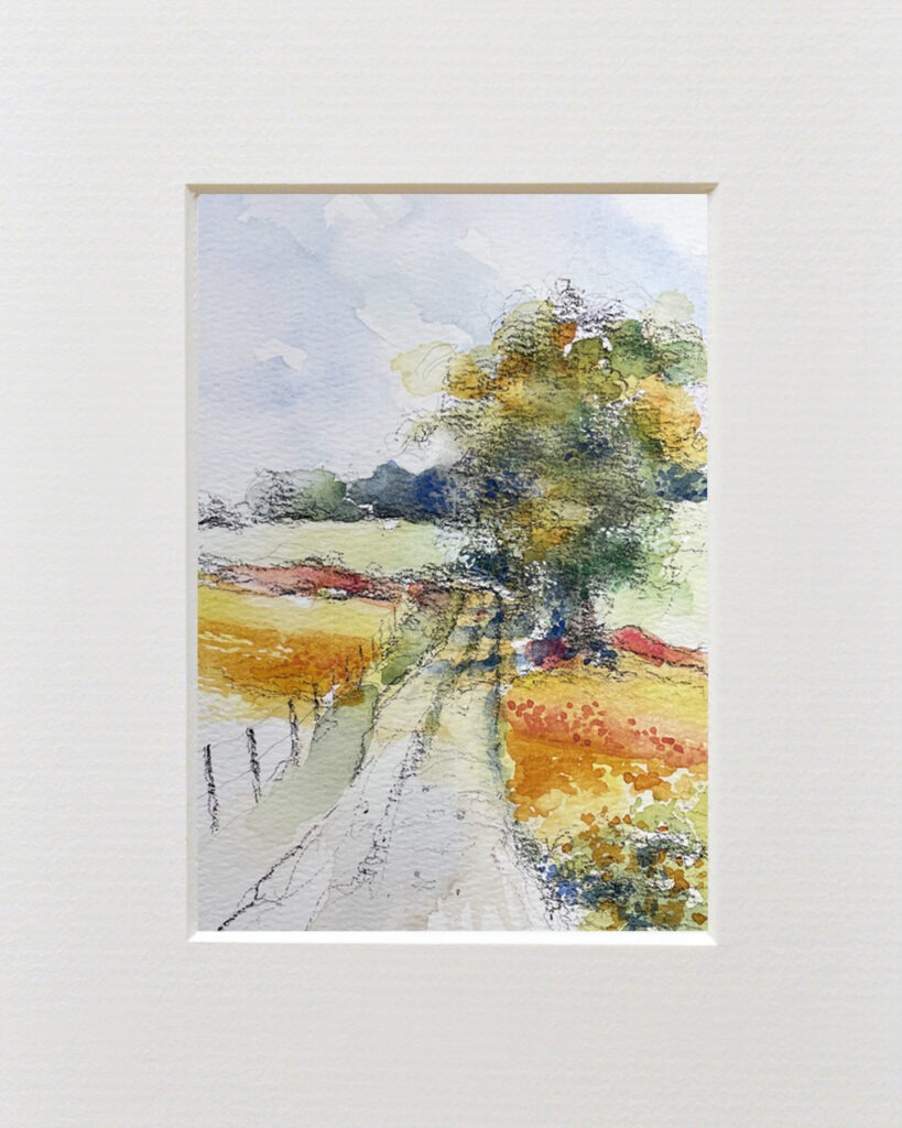 ‘CountryLane#4’ (study #2) - Watercolor and wax pencil on Fluid 100 archival/acid-free H/P. The Artworks of RUSSELL RISKO.